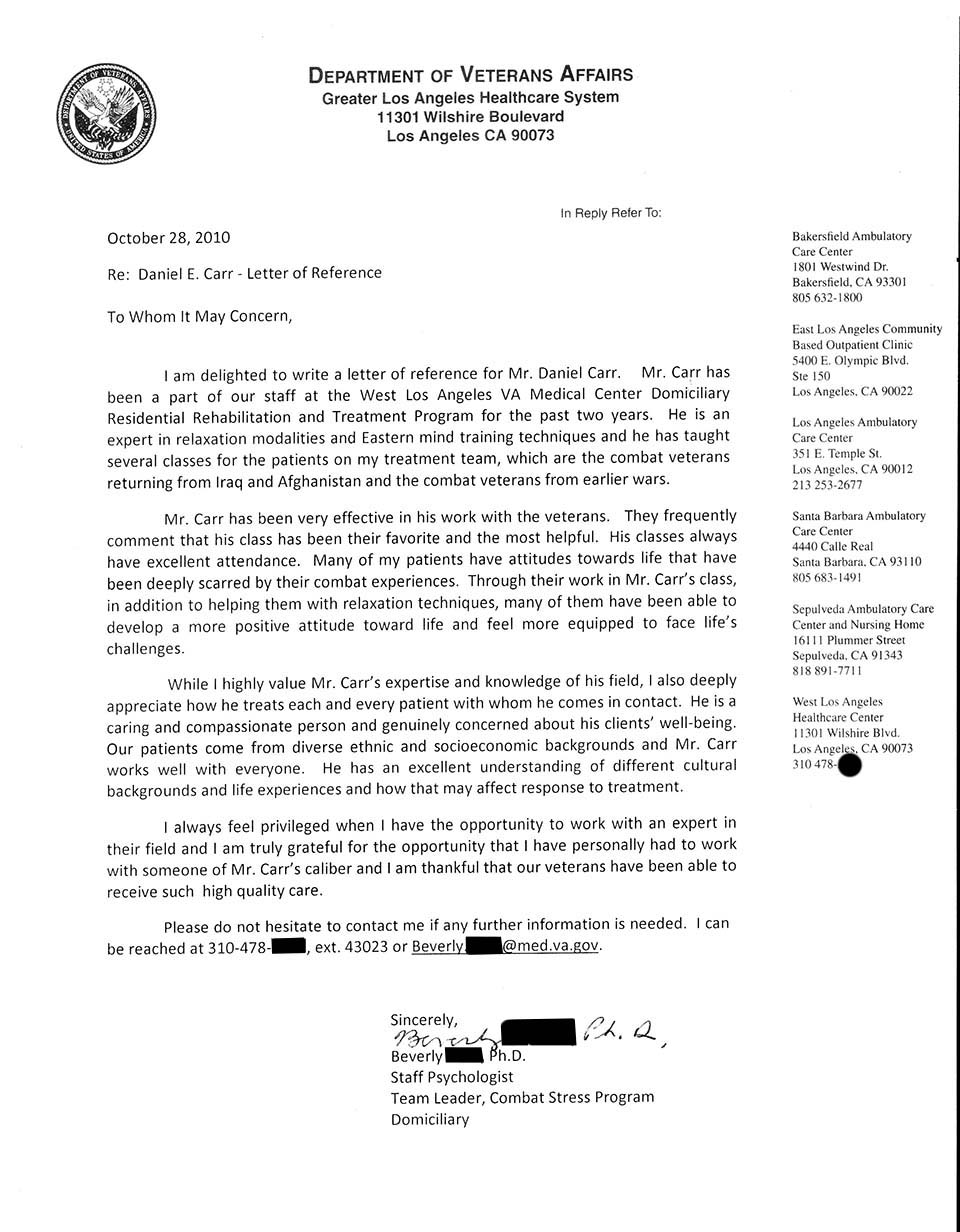 Veterans Administration PTSD Letter of Recommendation