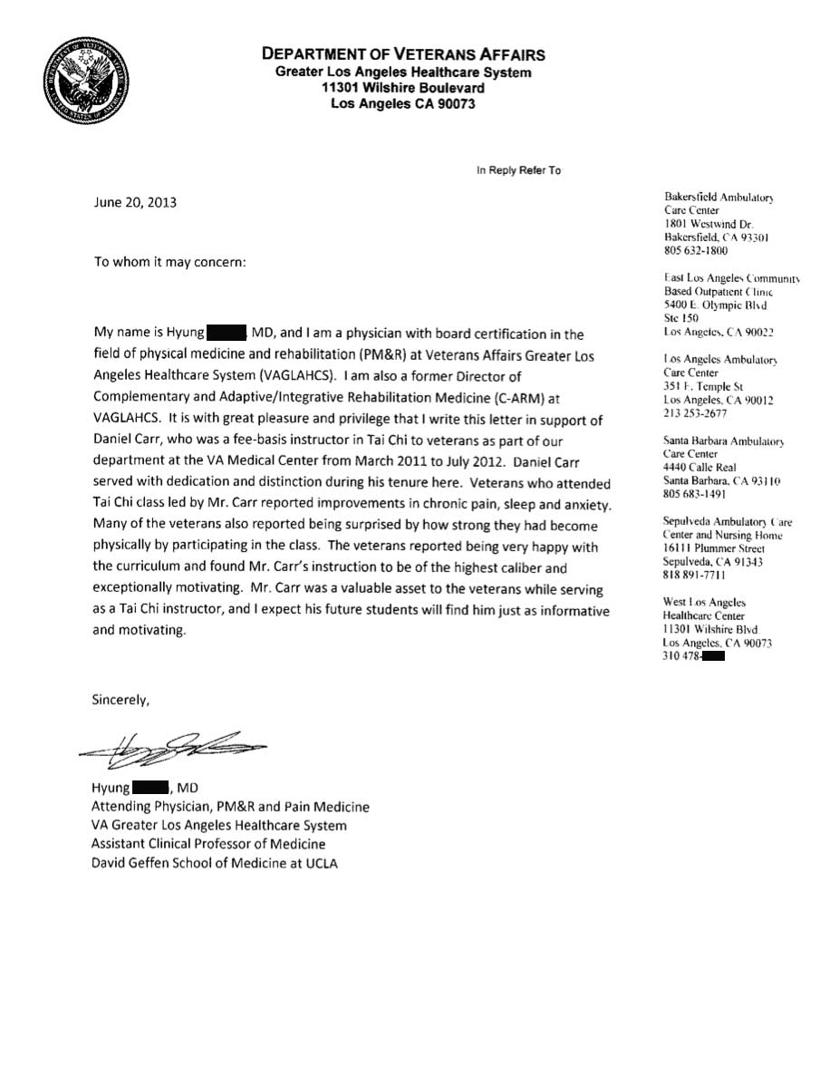 Veterans Administration Tai Chi Letter Of Recommendation